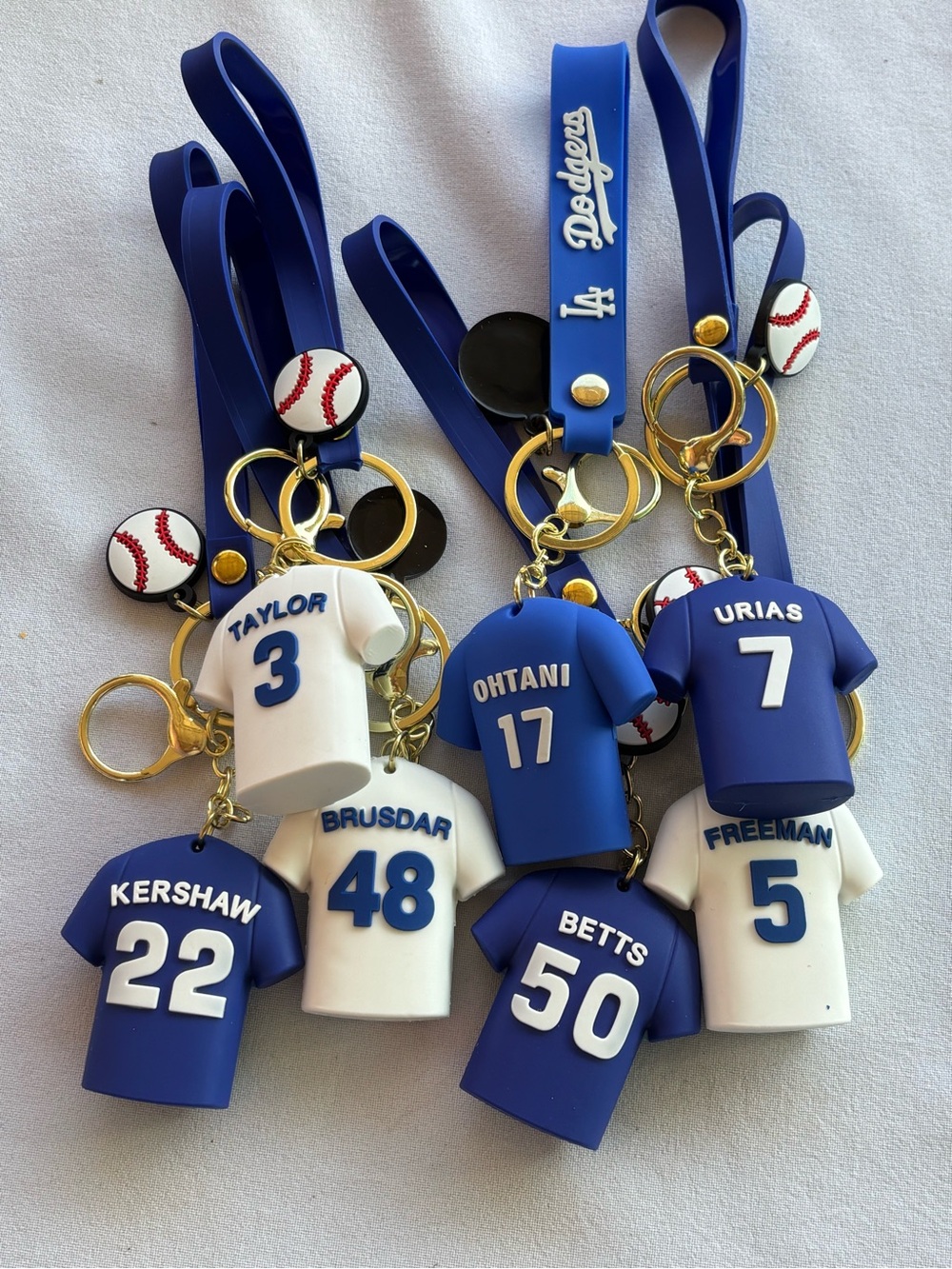 Los Angeles Blue & White Baseball Jersey Keychain Set bundle as pictured